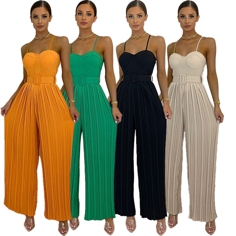 women sexy jumpsuit 2022新款欧美女式纯色压褶阔脚连体裤