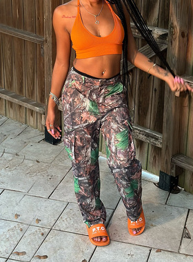 Women's leaf print straight leg high waisted work pants女裤