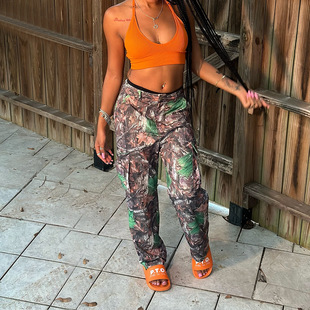 high leaf pants女裤 work waisted leg straight print Women