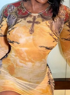 欧美风网纱印花圆领包臀短裙性感连衣裙 women night dress sexy