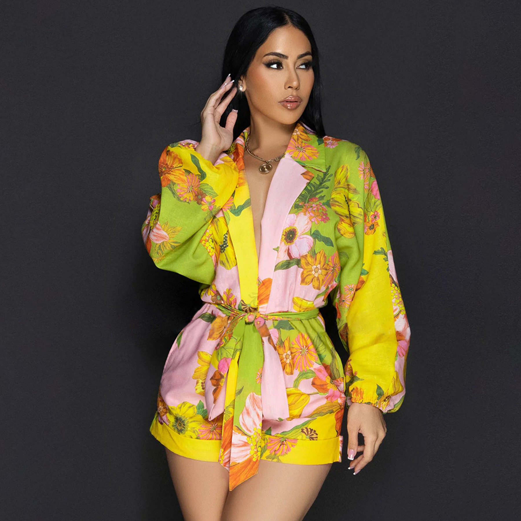 Women printed long sleeved jumpsuit女含口袋长袖青果领连体裤