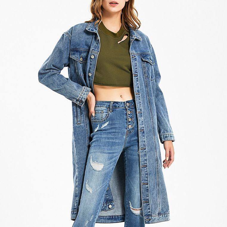 欧美长款水洗复古修身时尚牛仔外套上衣女 women jeans coat long