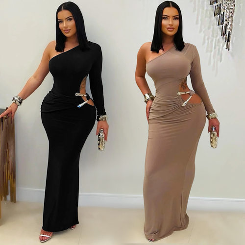 Women's sexy slanted shoulder single sleeve slim fit dress女