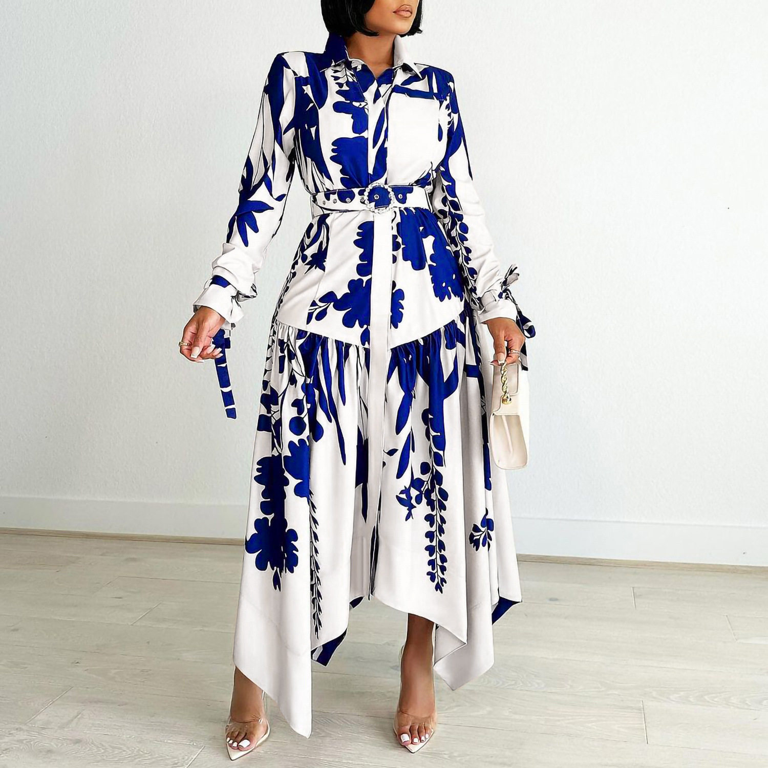 Oversized lapel dress大码女装新款气质印花不规则翻领连衣裙