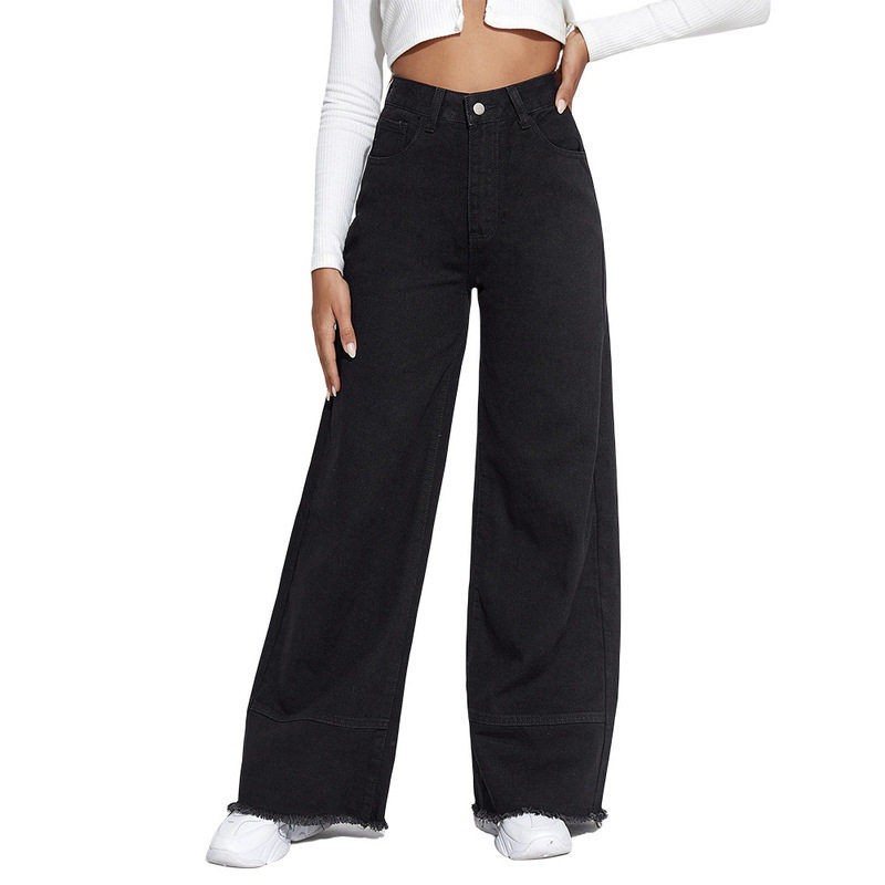 2024阔腿牛仔裤高腰拼接毛边宽松长裤 JEANS pants women fashion