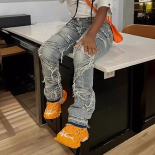 straight perforated leg fringed Women jeans女牛仔裤 layered