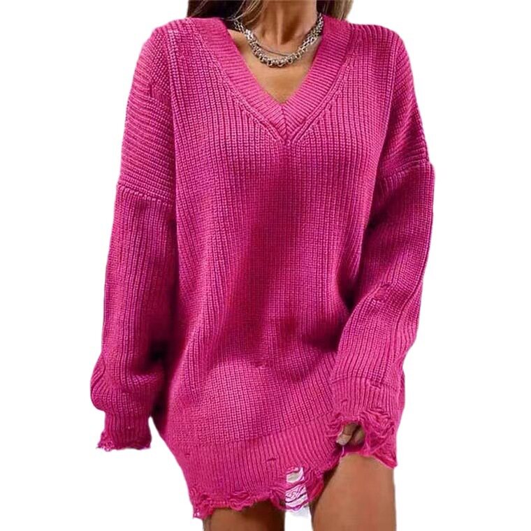 2024欧美宽松纯色破洞中长款毛衣V领粗针长袖针织衫women sweater