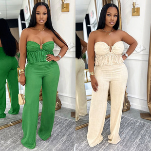Women's strapless jumpsuit性感抹胸纯色连体裤时尚休闲修身长裤