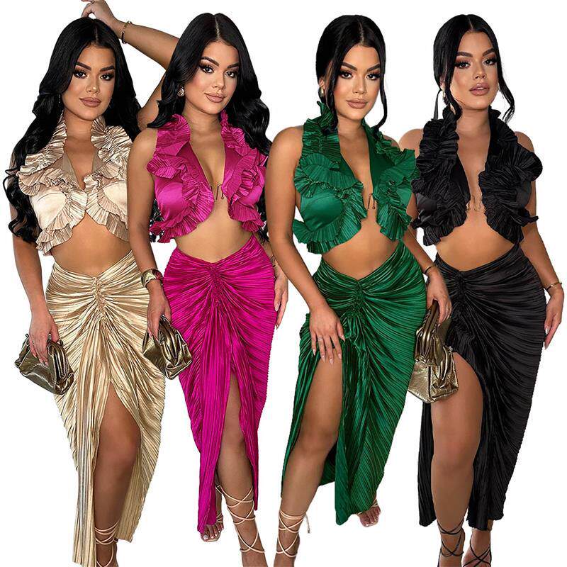 欧美无袖开叉荷叶边压褶半身裙套装women night dress set 2024