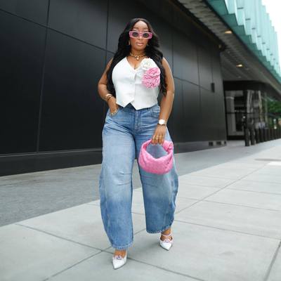 Women retro curved knife wide leg jeans女宽松弯刀阔腿牛仔裤