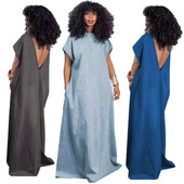 women 新牛仔连衣裙复古宽松深V露背连衣裙 fashion jeans dress