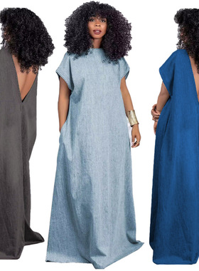 women jeans dress fashion 新牛仔连衣裙复古宽松深V露背连衣裙