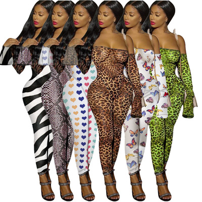 Women's tight leopard print jumpsuit女紧身豹纹露肩长袖连体裤