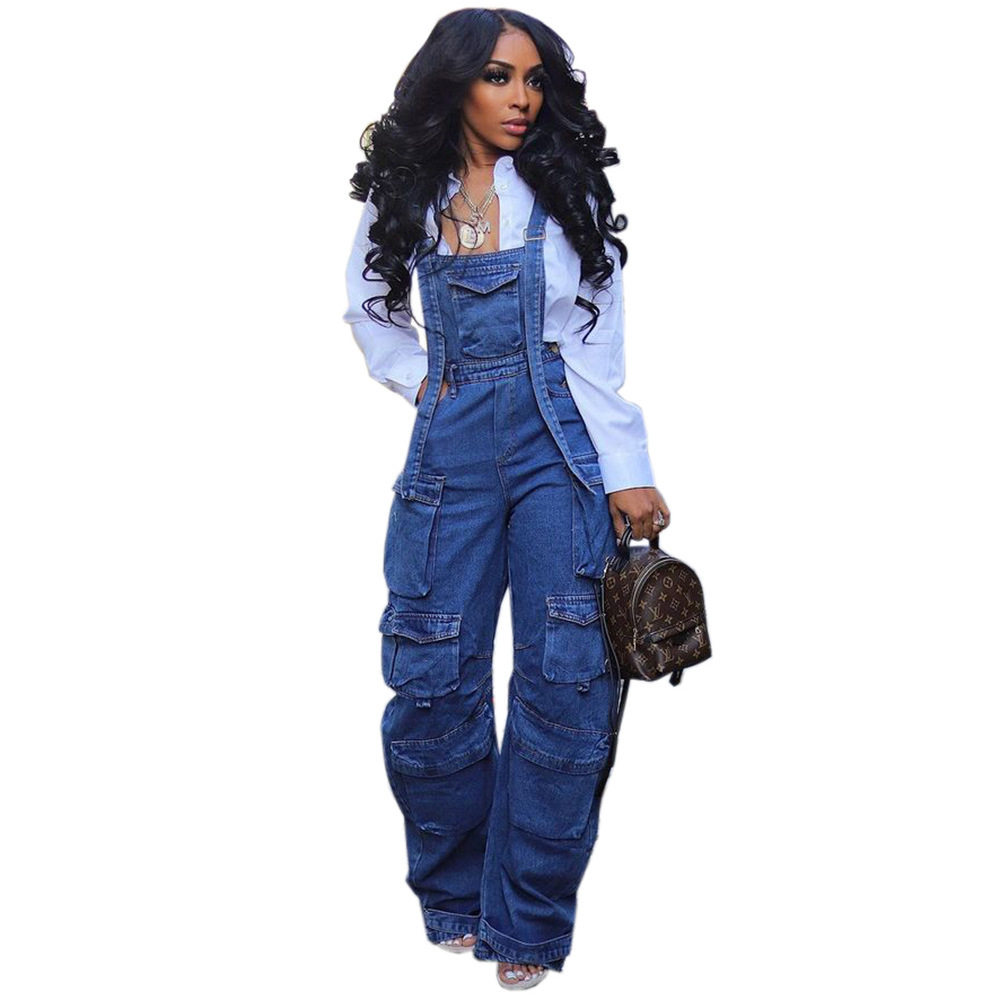 欧美宽松牛仔吊带裤街头多口袋连体裤women jeans jumpsuit pants