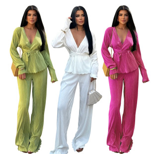 cardigan set piece pants sleeved long neck Women