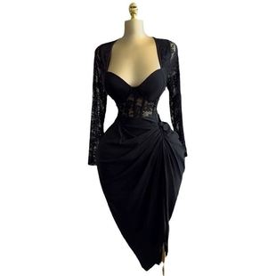 Ladies lace dress black 欧美气质优雅蕾丝高腰显瘦中长款连衣裙