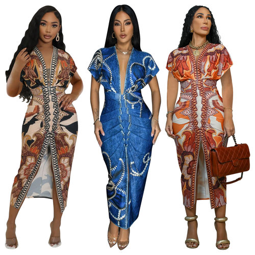 Women short sleeved V-neck slim fit printed dress短袖连衣裙
