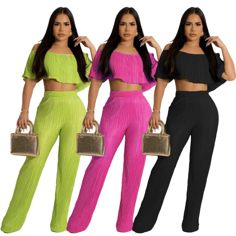women pants+tops set fashion欧美纯色露肩裹胸宽松喇叭裤两件套