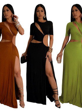 Women's sexy waist baring long skirt with slit dress女连衣裙