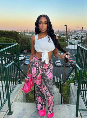 Women's pink camouflage slim fit flared pants女粉色迷彩长裤