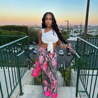 Women's pink camouflage slim fit flared pants女粉色迷彩长裤