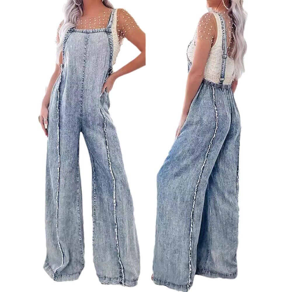 women jeans jumpsuit 2024宽松背带裤欧美水洗毛边阔腿连体裤女