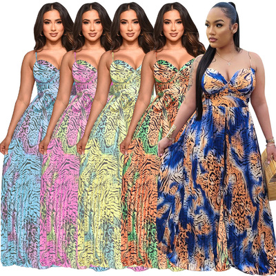 Women printed camisole pleated jumpsuit女印花吊带压褶连体裤