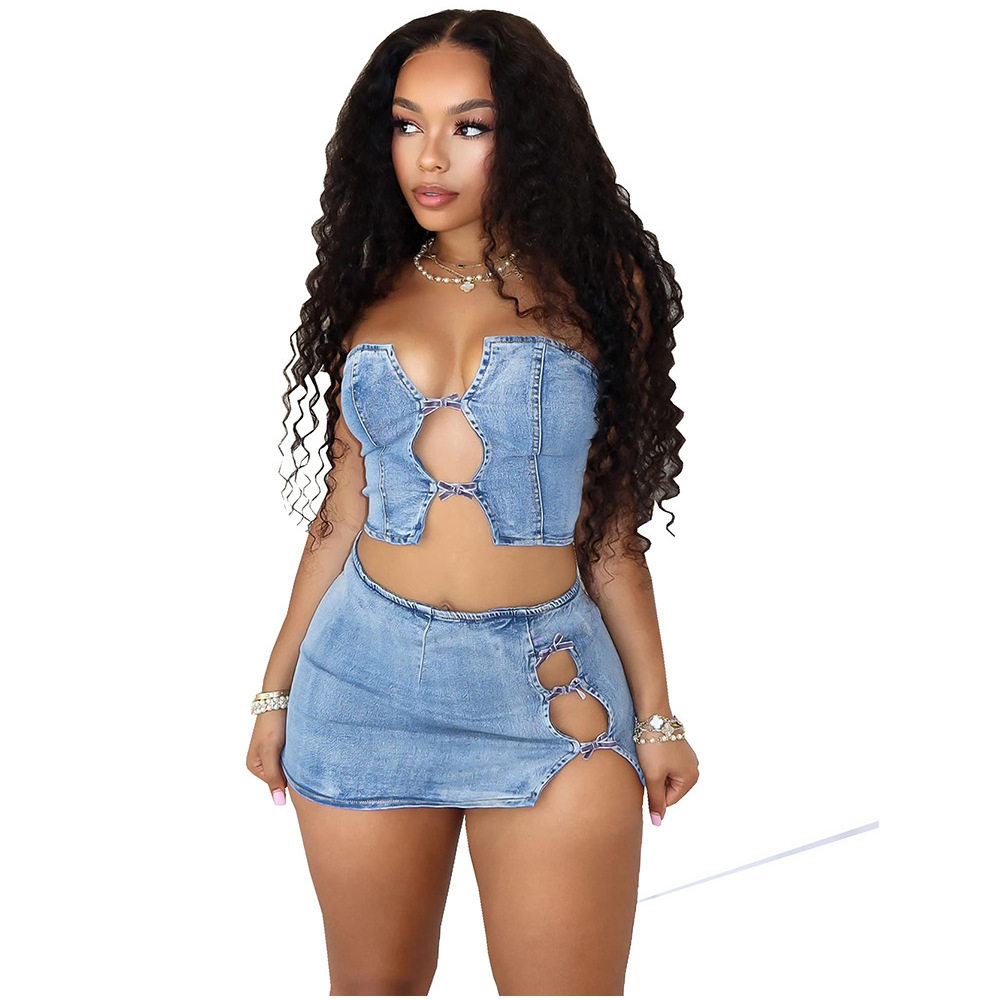 欧美时尚性感系绳裹胸上衣开衩包臀短裙 women sexy jeans dress