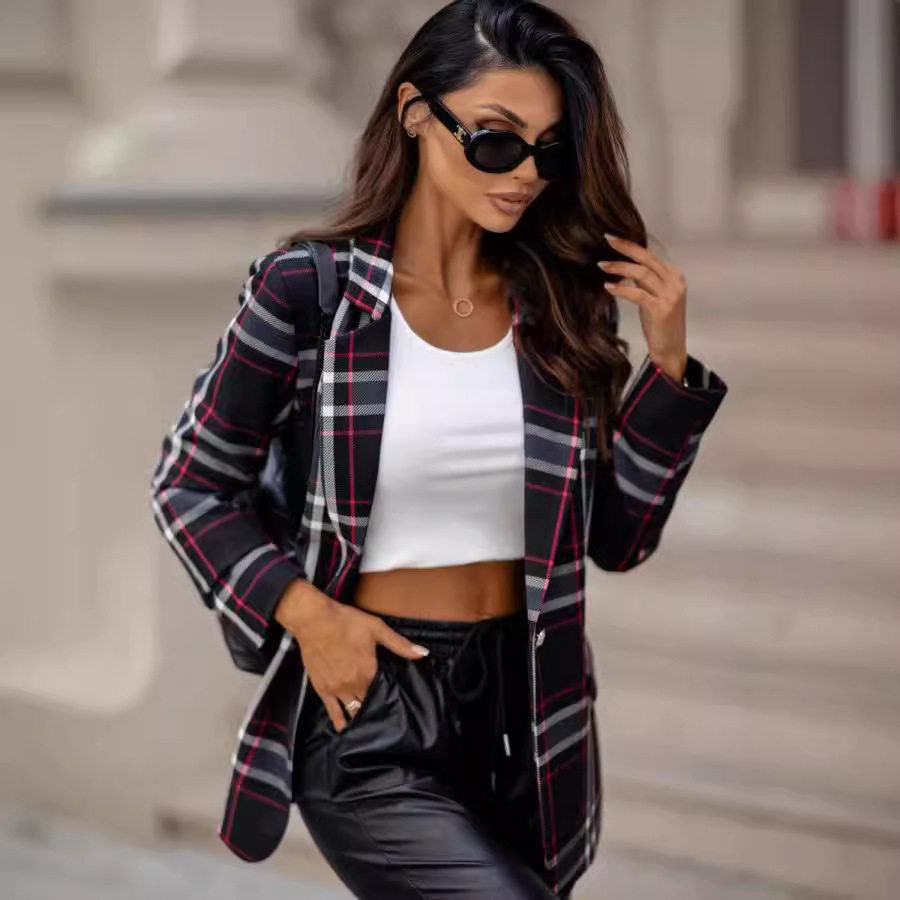 Autumn women's checkered suit jacket秋季女装格子西装外套