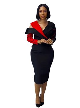 Ladies night party dress欧美撞色拼接领修身包臀斜肩连衣裙2025