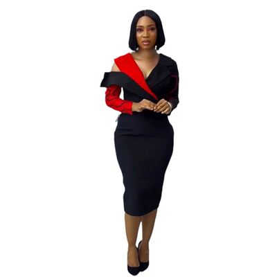 Ladies night party dress欧美撞色拼接领修身包臀斜肩连衣裙2025