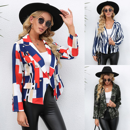 Women's printed lapel mini suit jacket女装印花翻领小西装外套