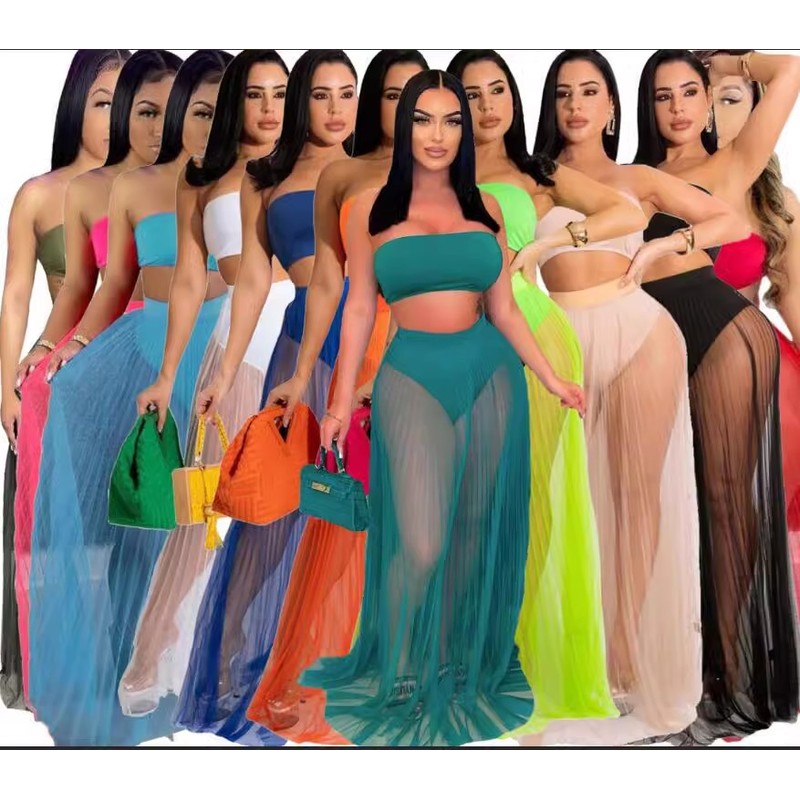 2024欧美褶皱网纱透视性感裹胸两件套 women sexy bra+dress set