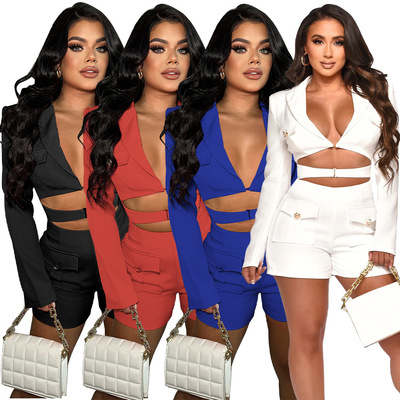 Women's sexy deep V solid color jumpsuit女性感深V纯色连体裤