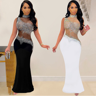 Women Hot Diamond Mesh Sleeveless Dress女烫钻网纱无袖连衣裙