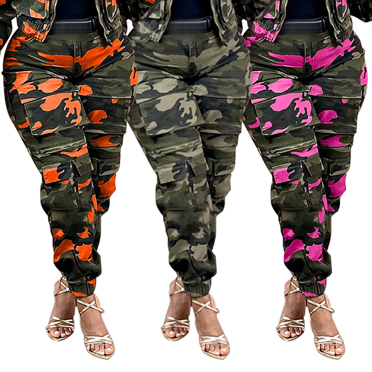 Women's stretch camouflage work pants高腰弹力小脚迷彩工装裤