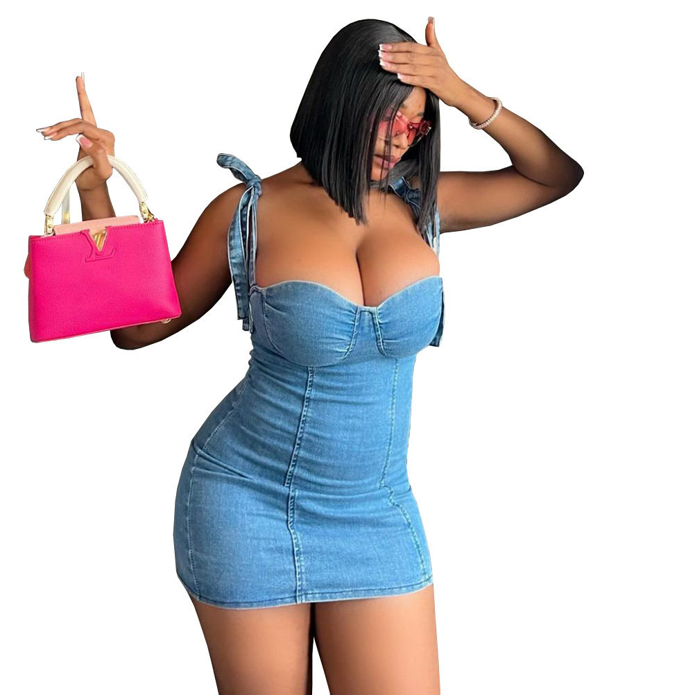 women sexy jeans dress 欧美女式吊带牛仔裙性感辣妹抹胸连衣裙