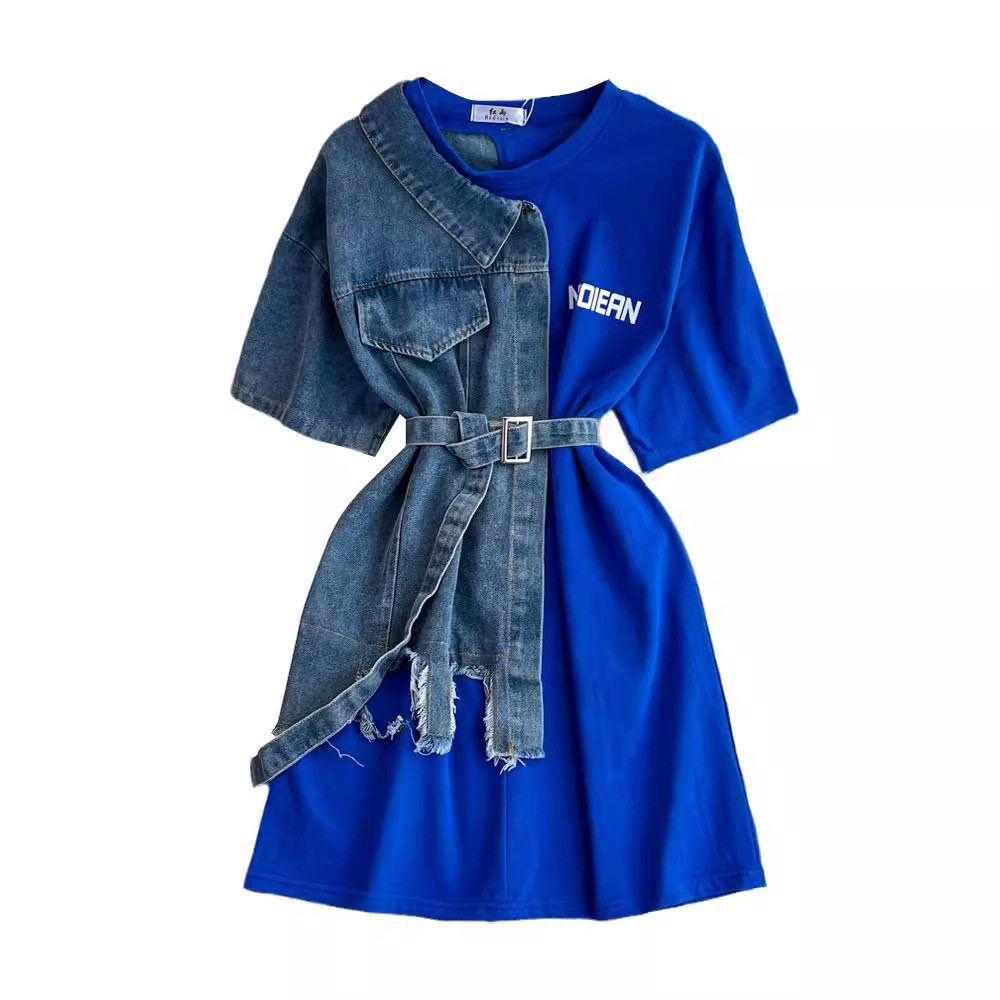 欧美气质收腰配腰带圆领拼色牛仔衬衫连衣裙 women dress casual