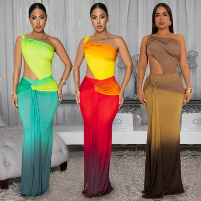 Women's sexy sloping shoulder gradient dress女斜肩渐变连衣裙