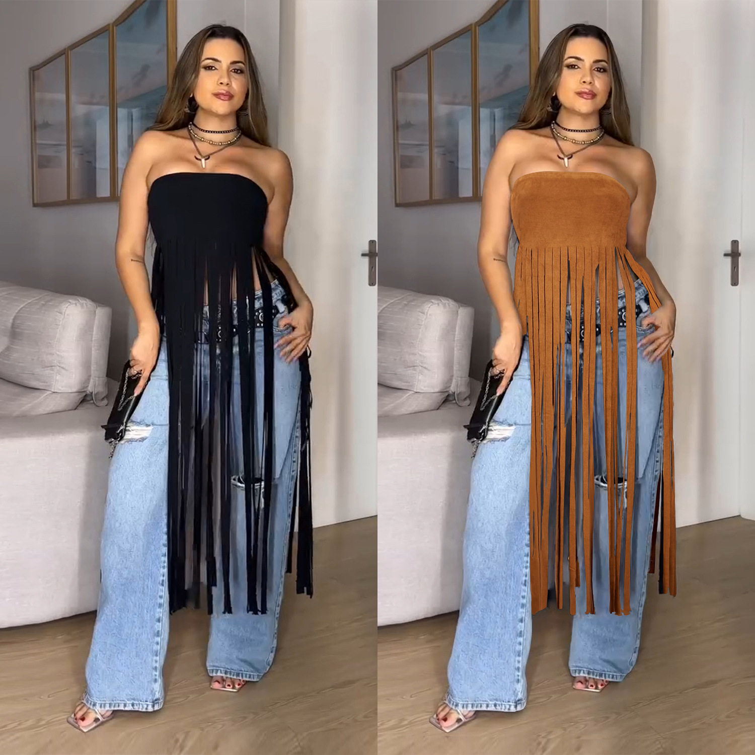 Women deer skin velvet strapless tassel long skirt女流苏长裙