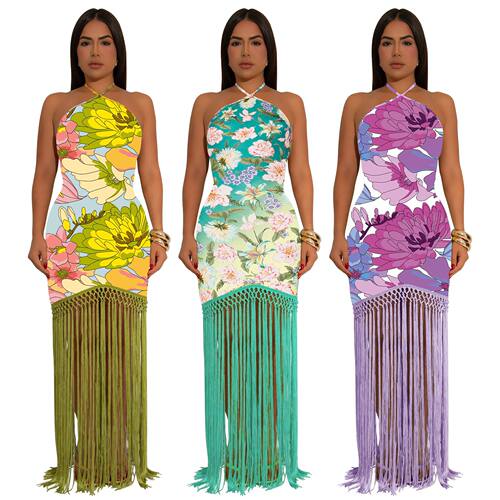 Women sexy backless sleeveless tassel dress女无袖流苏连衣裙