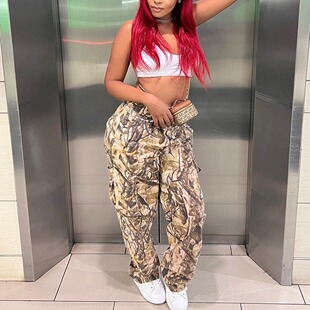 sexy camouflage loose pocket Women pants女迷彩宽松口袋长裤