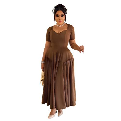 ladies casual dress 双侧拼接褶皱连衣裙时尚高腰大裙摆气质长裙
