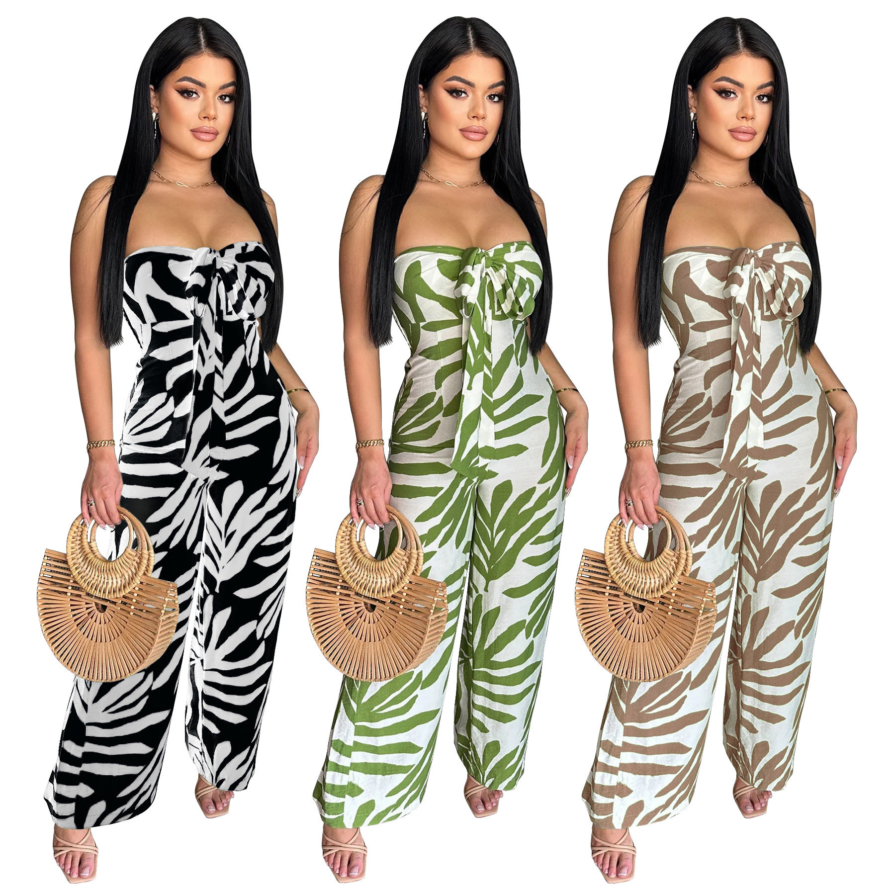 Women printed chest hugging slim fitting jumpsuit修身连体裤