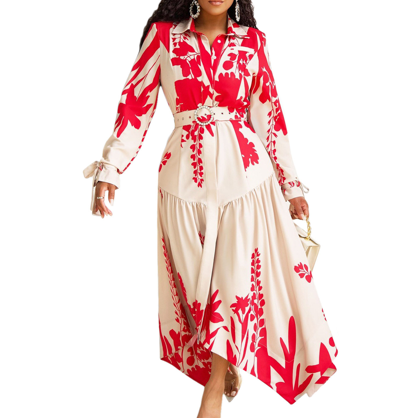 Ladies printed dress欧美印花翻领不规则宽松大码非洲连衣裙2024