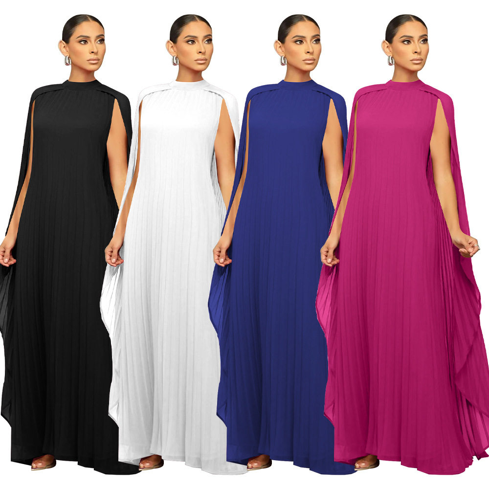 Women's solid color pleated chiffon long dress女雪纺长裙压褶