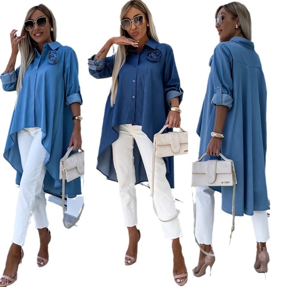 2024欧美宽松休闲立体花朵女士牛仔衬衣 women jeans dress big