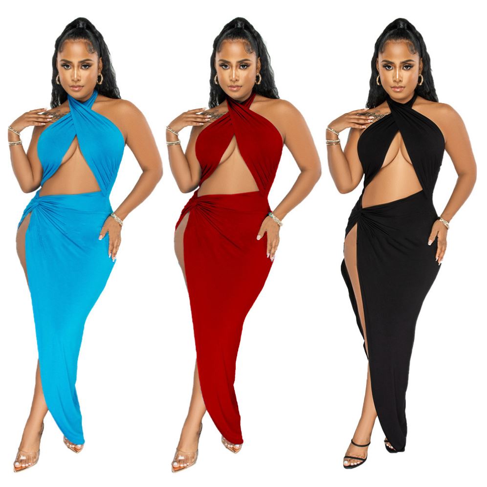 欧美纯色挂脖连衣裙开叉不规则裙无袖women sexy night dress set