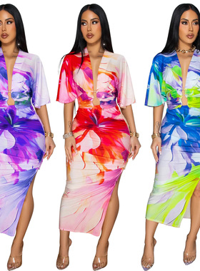 Women's Summer Printed Sexy V-neck Side Split Skirt Set