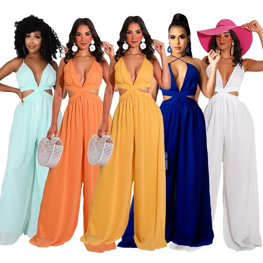 Fashion women jumpsuit pants 欧美纯色休闲宽松雪纺女装连体裤